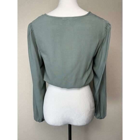 Women's Ruched Long Sleeve Crop Top Green Sz M V-Neck Blouse Drawstring - Picture 6 of 14